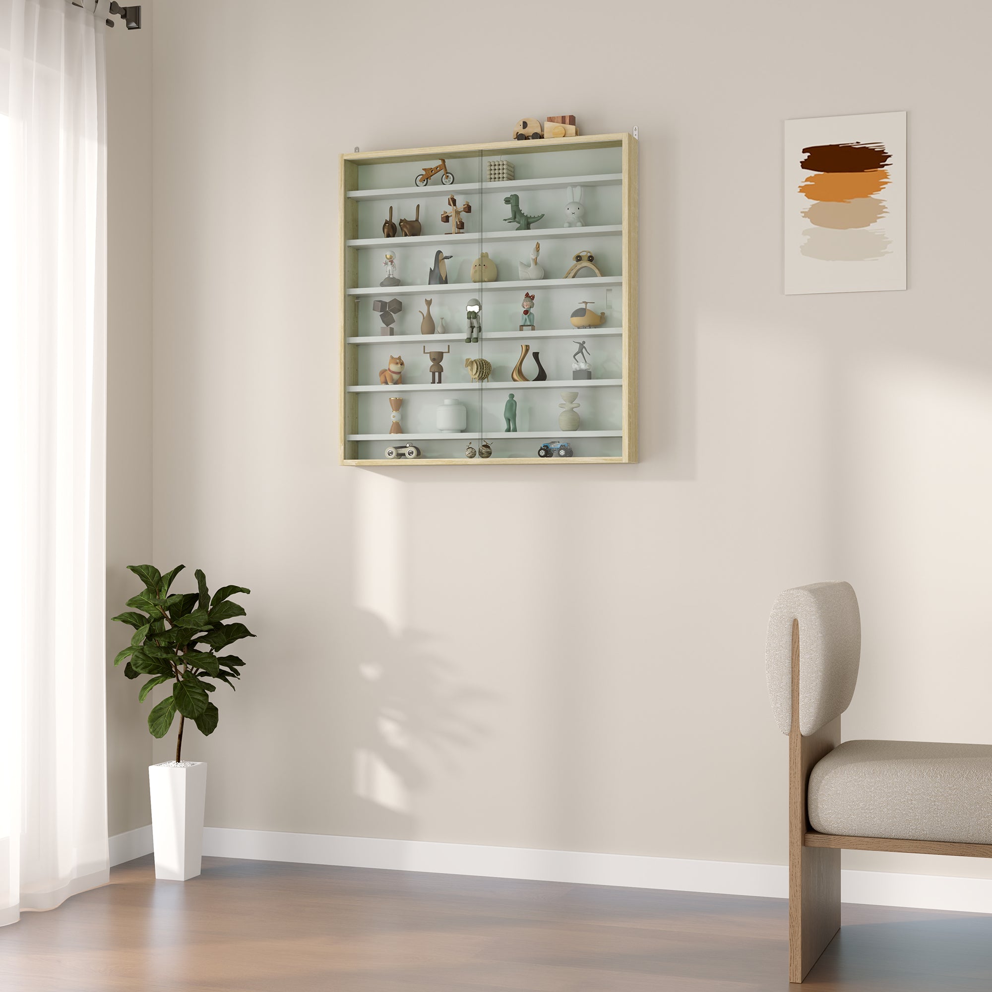 HOMCOM 7-Tier Wall Display Shelf Unit Cabinet w/ 6 Adjustable Shelves Glass Doors Home Office Ornaments 83x80cm, Oak